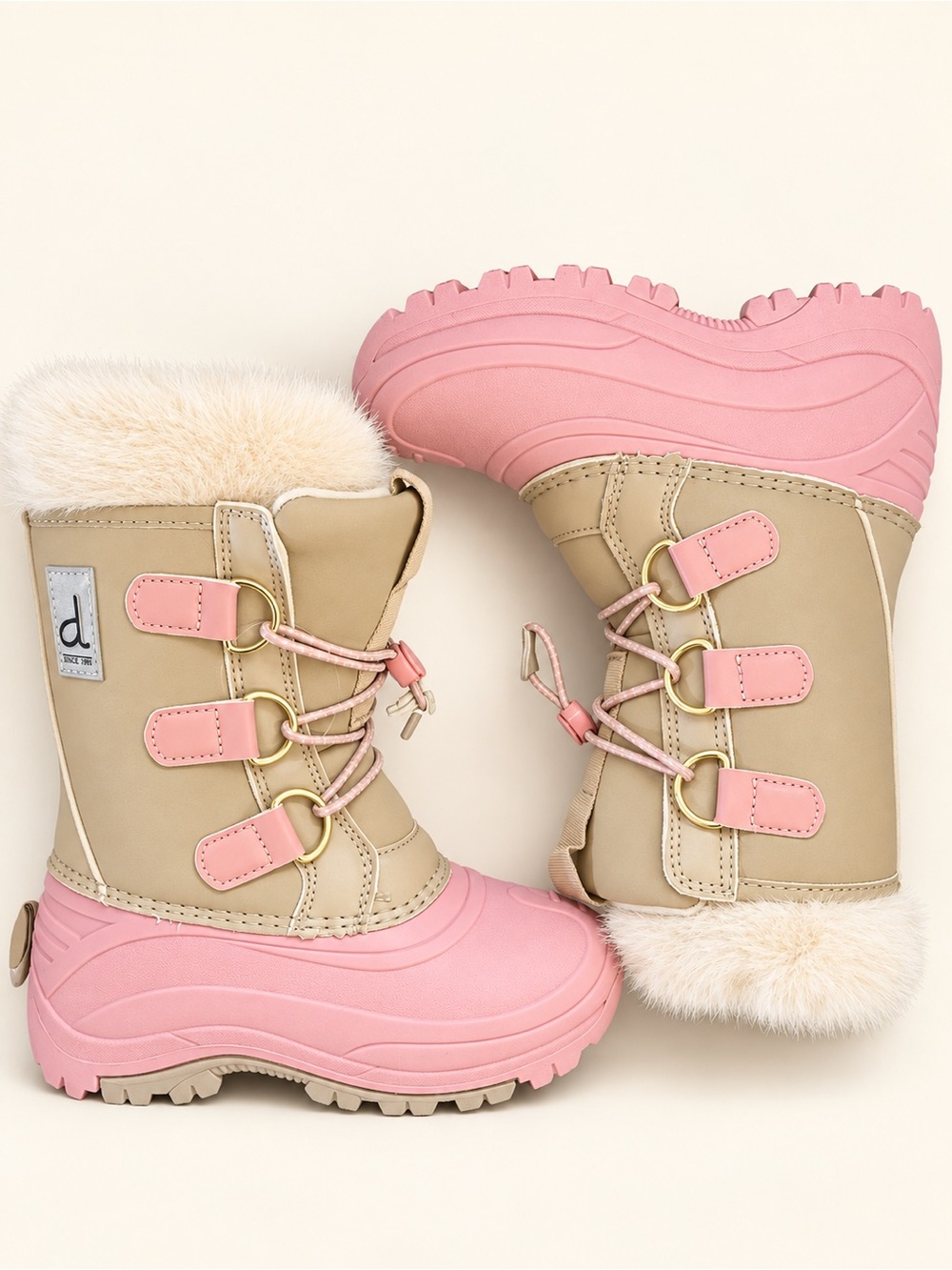 Kids Winter Snow Boots - Pink & Tan Faux Fur